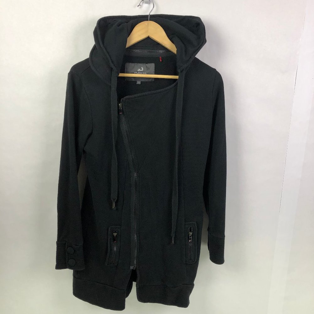 PUSCH Womens Long Cotton Coat Removeable Hood Black Size Large